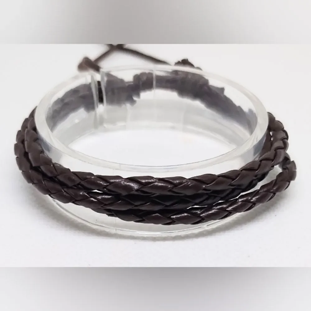 Men's bracelet leather braided layered brown new e56